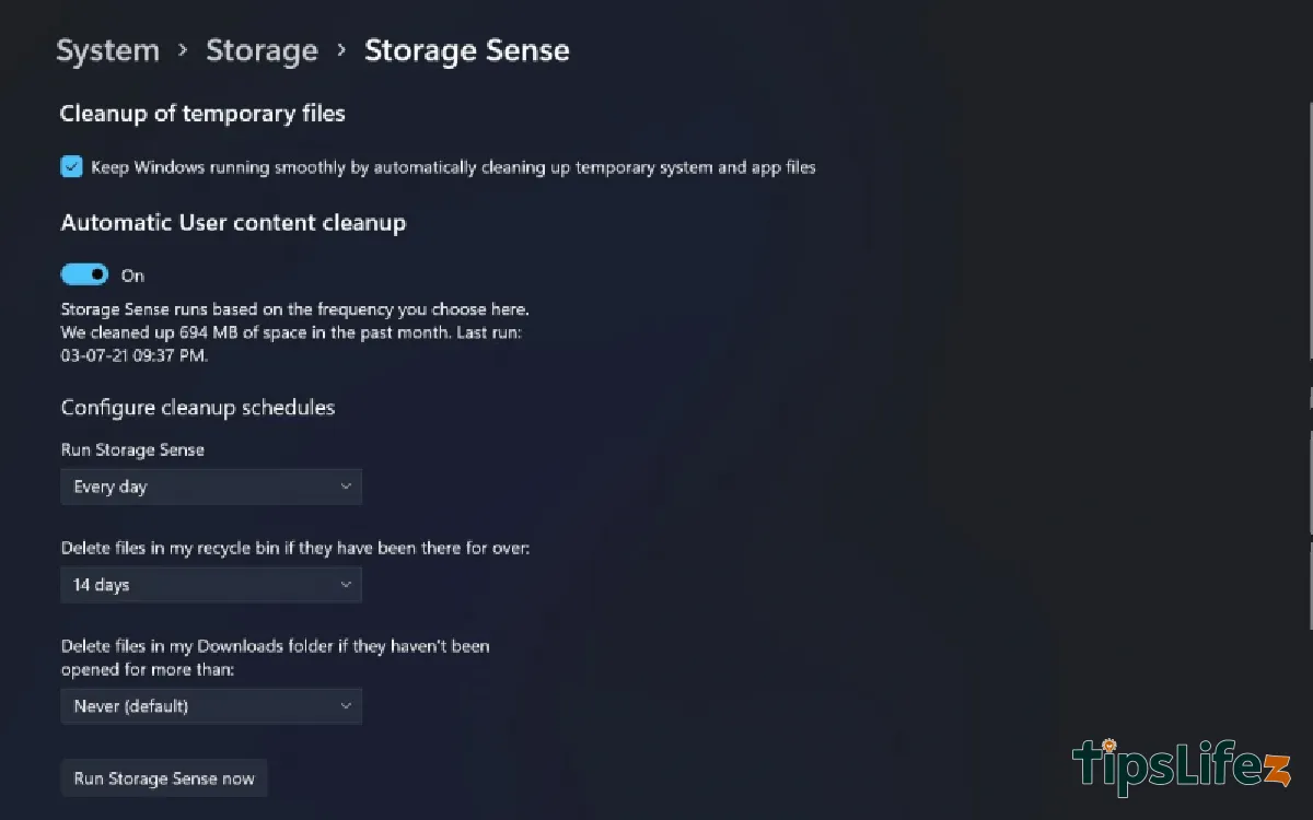 Storage Senseを実行するには、Storage Senseの下部にあるRun Storage Sense Nowをクリックしてください
