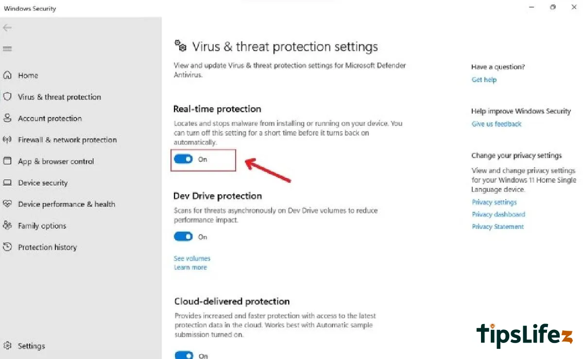 Click on On in the Real-time protection section to turn off Windows security
