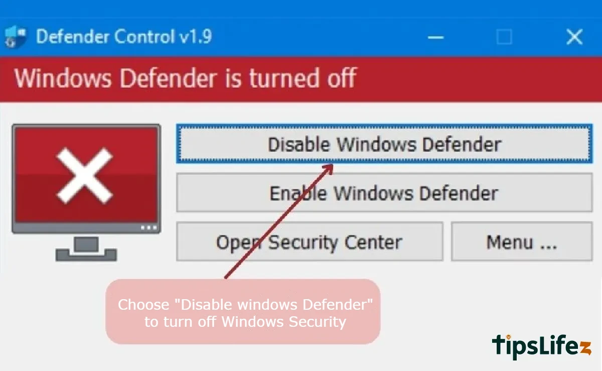 Select Disable Windows Defender to turn off Windows security
