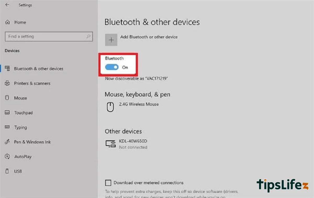 デバイスを選択して> Bluetoothのスイッチを右にスライドしてBluetooth機能をオンにします